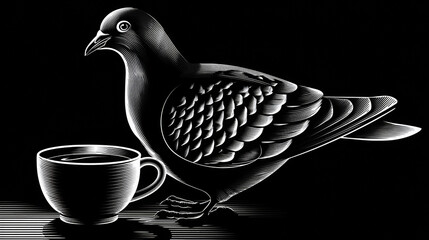 Elegant Black and White Engraving of a Pigeon and Steaming Coffee Cup