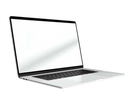 Angled open laptop with a blank white screen against a black background