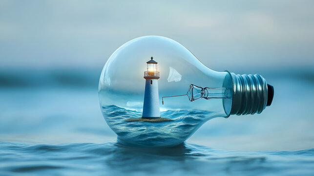 Brilliant idea captured within a lightbulb lighthouse guiding through stormy seas, symbolizing hope and innovation.