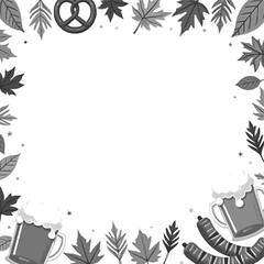 Obraz premium Oktoberfest Autumn Frame with Beer Mugs, Pretzel, Sausages and Colorful Fall Leaves Background