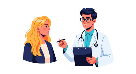 Fototapeta premium A doctor in a white coat consults with a blonde-haired patient, discussing medical information.
