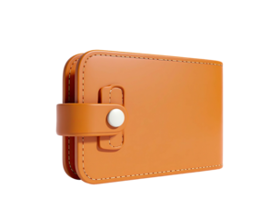 Stylized, 3D-rendered orange leather wallet with button clasp and stitched edges