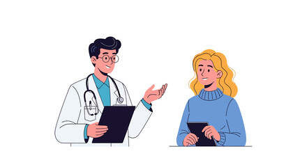 A doctor in a white coat gestures while speaking to a concerned patient.