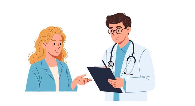 A doctor wearing a lab coat takes notes while consulting with a blonde female patient.