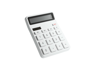 Isolated white calculator with a digital display, angled on a transparent background