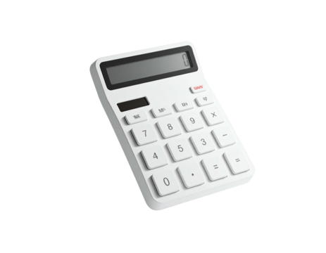 Isolated white calculator with a digital display, angled on a transparent background