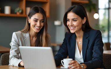 Two beautiful business women are sitting at a table in a cafe and working remotely at a laptop, negotiating online. High quality