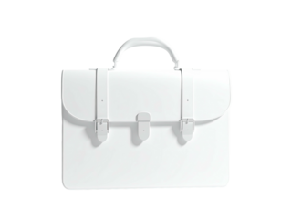 A crisp, all-white briefcase with buckles and handle, casting a shadow