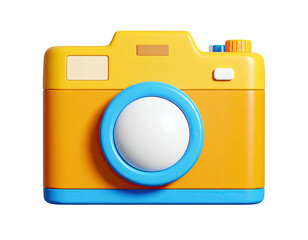 3D-rendered, bright, cartoon-style camera; yellow body, blue lens frame, black bg