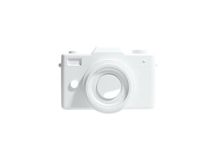 A pristine white camera rendered in 3D against a stark, deep black background
