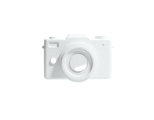 A pristine white camera rendered in 3D against a stark, deep black background