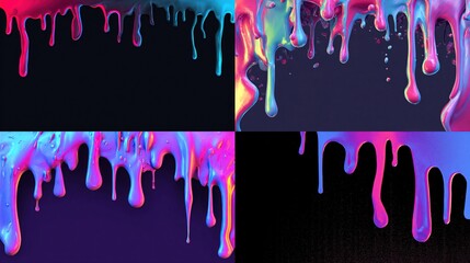 Four panels showcase vibrant, dripping, fluid art. A rainbow of colors flows downward against a dark backdrop