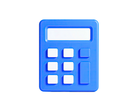 A glossy blue 3D calculator with white buttons and a display, on a black backdrop