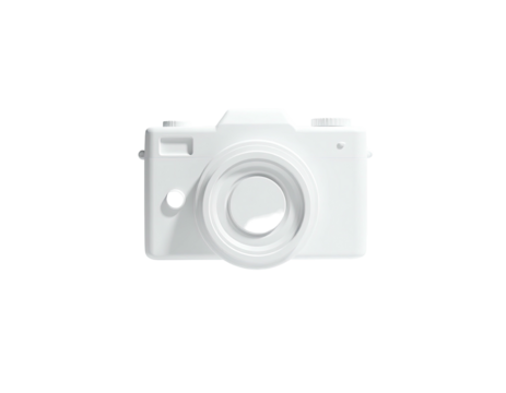 A pristine white camera rendered in 3D against a stark, deep black background
