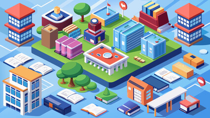 Obraz premium An isometric school campus featuring classrooms, bookshelves, blackboards, library rooms, university building, academic facilities, study materials, learning environment, digital training tools, 
