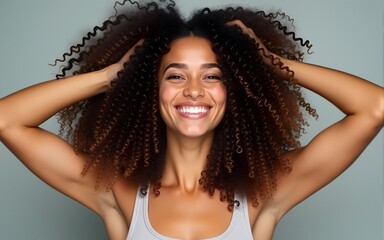 Radiant young woman with stunning curls makes scale with arms, feels happy and confident. High quality