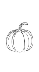 Line drawing of a pumpkin with a curved stem, showing the ridges and shape in detail.