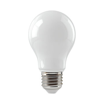 A standard A-shaped LED light bulb, white frosted glass, metallic screw base, isolated on black background