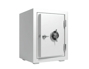 White, sturdy metal safe with a dial, handle, and hinges, isolated on black