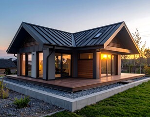 Modern Wooden House Exterior at Sunset.