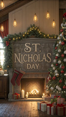 Cozy st nicholas day celebration by a warm fireplace with a decorated christmas tree and gifts