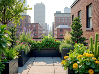 Fototapeta premium Urban Eco Brooklyn Series: Photorealistic eco-city rooftop garden with recycled pots with lush plants and greenery