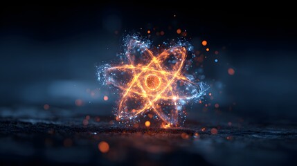 Glowing, radiant atom illustration showcases a vibrant, orange and blue energy emission, radiating from the central nucleus and orbiting electrons against a dark, blurred backdrop with subtle bokeh...