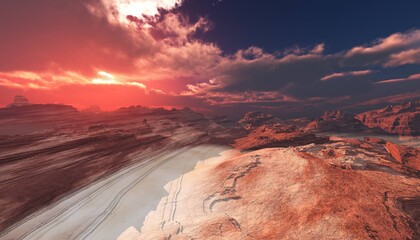 Mars at sunset, panorama of Mars, alien landscape, a panorama of a surface of another planet, 3D rendering