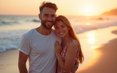 Smiling young couple two friends family man woman 20s in casual clothes hug girlfriend put head on boyfriend shoulder at sunrise over sea sand beach ocean outdoor seaside in summer day sunset evening.
