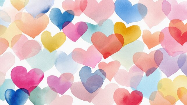 This artwork features a lively display of watercolor hearts in different colors and sizes, blending together to create a joyful and festive atmosphere.