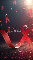 World aids day red ribbon awareness campaign with glittering bokeh and dramatic lighting