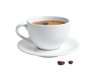 White coffee cup filled with dark liquid, saucer, and two roasted beans