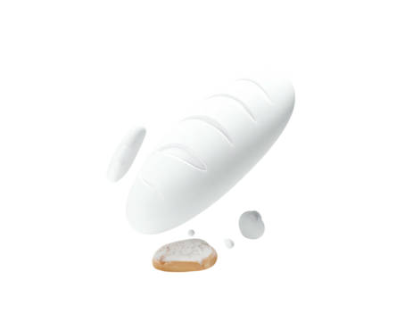 Pristine white baguette with three slices, floating against a black background