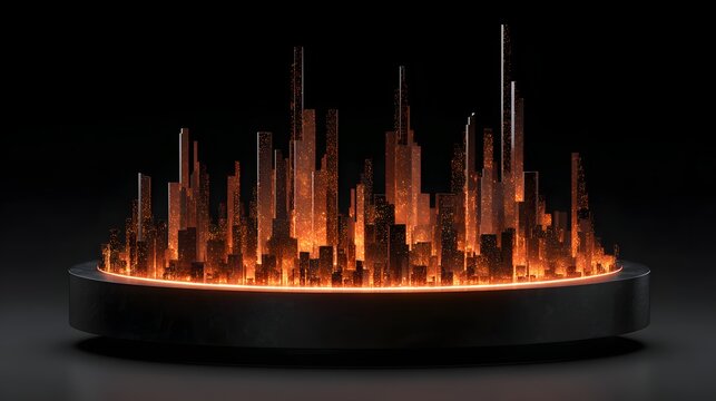 Illuminated futuristic cityscape design glows with warm orange light, set against a dark black background, featuring a circular base and glowing particles, creating a modern and technological...