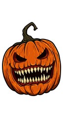 Scary carved Halloween pumpkin with sharp teeth and menacing eyes, a classic jack-o'-lantern illustration for spooky celebrations.