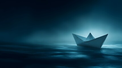 A single paper boat floats serenely on a calm, reflective water surface under a moody, blue-toned environment, evoking a sense of peace and tranquility with a soft, diffused lighting effect...