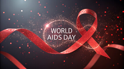 World aids day red ribbon awareness symbol with glittering particles on dark background
