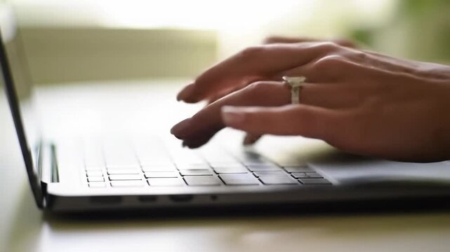 Caucasian woman's manicured hands type rapidly on a sleek dark laptop keyboard, sharp focus with creamy bokeh background, conveying efficient digital productivity.