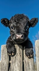 Fototapeta premium Black Calf Leaning on Fence Against Blue Sky 