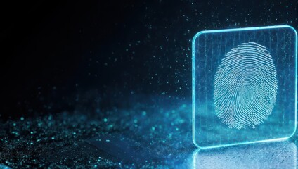 A glowing, digital fingerprint graphic on a transparent, light-blue square