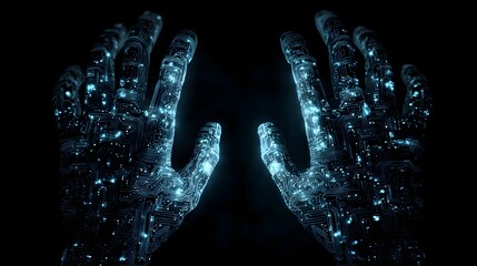 Illuminated cybernetic hands are outstretched against a stark black background, showcasing intricate circuit board patterns and glowing digital components to represent technological interfaces.