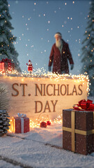 Magical st nicholas day celebration with santa claus amidst snowy trees and festive lights
