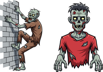 Creepy cartoon zombie climbing wall, scary undead character in red shirt, spooky horror illustration, Halloween walking dead monster artwork design