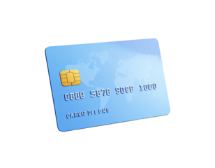 A light blue payment card with numbers, chip, and name against a black background