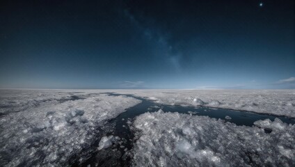 Frozen expanse of ice, dark water channels, vast night sky