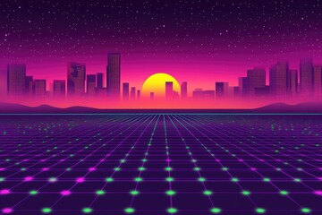 Retro city grid. Sunset & starry night, neon lights below