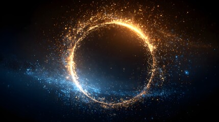 Obraz premium Circular formation of glittering particles presents a captivating display of light and color, featuring an orange and blue color palette on a dark backdrop, illustrating a dynamic and abstract design.