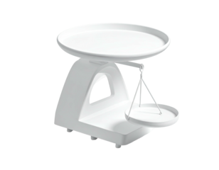A clean, minimalist white balance scale. Shows the tray and counterweight