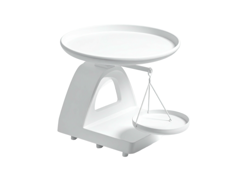 A clean, minimalist white balance scale. Shows the tray and counterweight