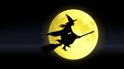 Mysterious Silhouette of a Witch in Flight Against a Full Moon Creating an Enchanting and Spooky Atmosphere Perfect for Halloween Celebrations and Themes